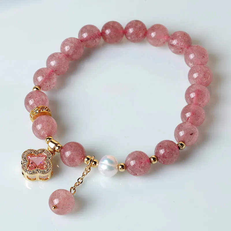 Luck Muse Strawberry Quartz and Pearl Four Leaf Clover Charm Bracelet for Healing - Image 2