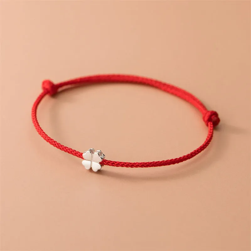 Luck Muse 925 Sterling Silver Lucky Four Leaf Clover Red Rope Bracelet