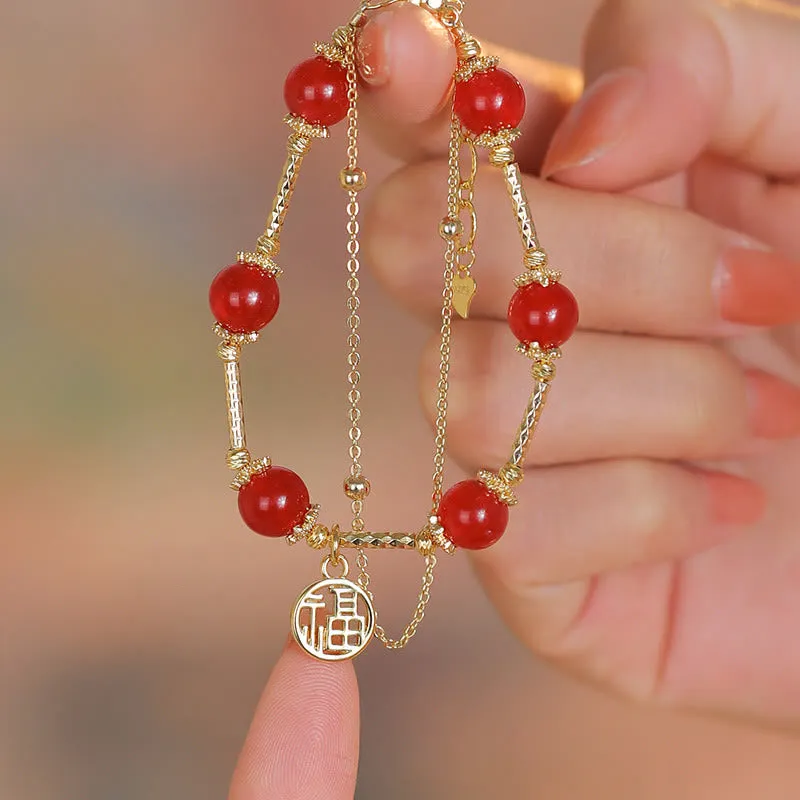 Buddha Red Agate Self-Acceptance Bracelet with Fu Character Charm - Image 2