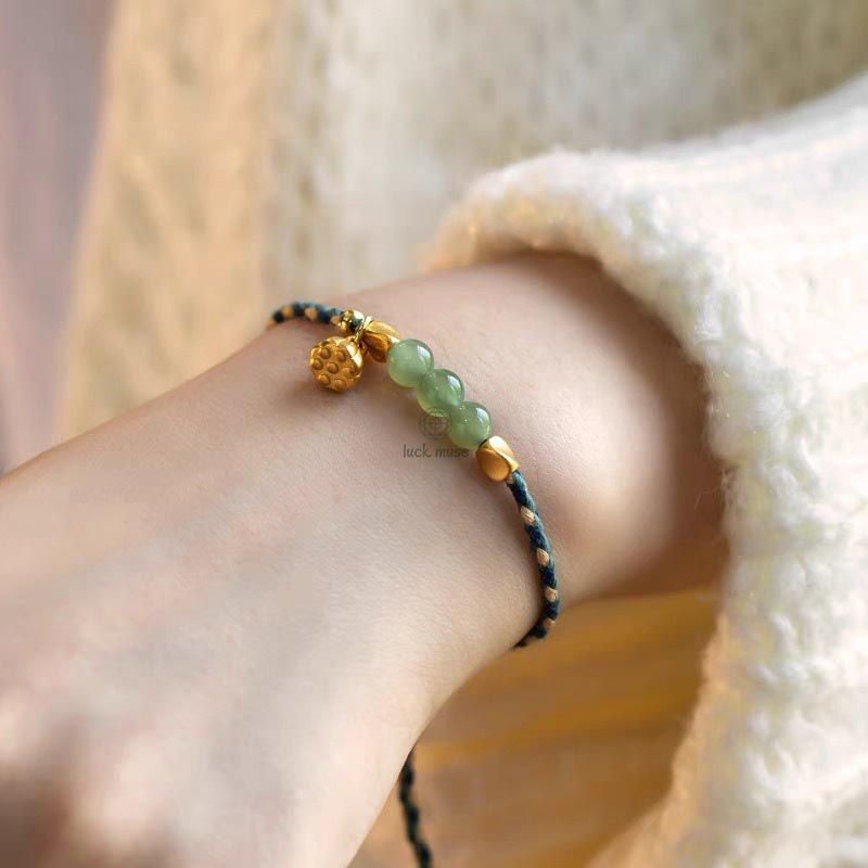 Handcrafted Hetian Jade Lotus Charm Bracelet - Luck Muse Lucky Braided Bracelet - Image 4