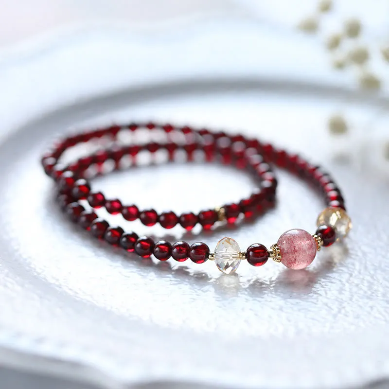 Luck Muse 14K Gold Plated Double Wrap Bracelet with Natural Garnet and Strawberry Quartz for Stability - Image 3