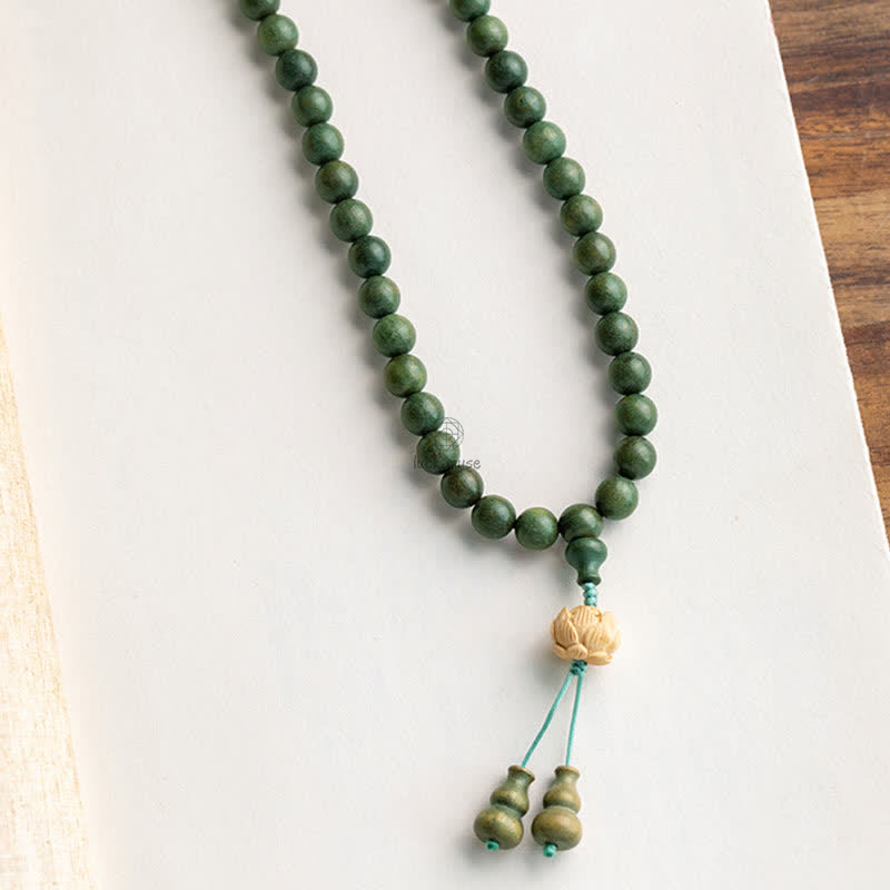 Luck Muse 108 Mala Beads Bracelet with Green Sandalwood Boxwood Lotus Design - Image 19