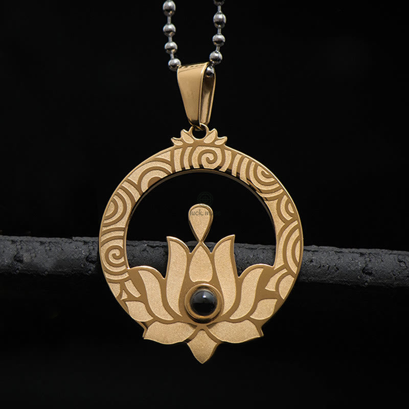 Luck Muse Lotus Titanium Steel Shurangama Mantra Necklace Pendant with Enlightenment Projection