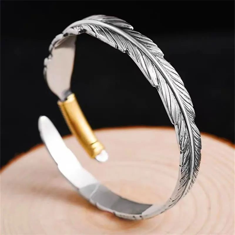 Luck Muse Feather Pattern Engraved Lucky Cuff Bracelet Bangle - Image 2