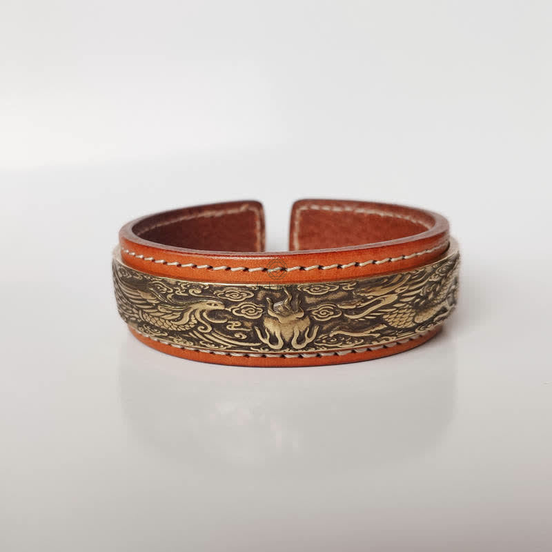 Luck Muse Om Mani Padme Hum Dragon Phoenix Copper Leather Peace Cuff Bracelet Set - Image 4