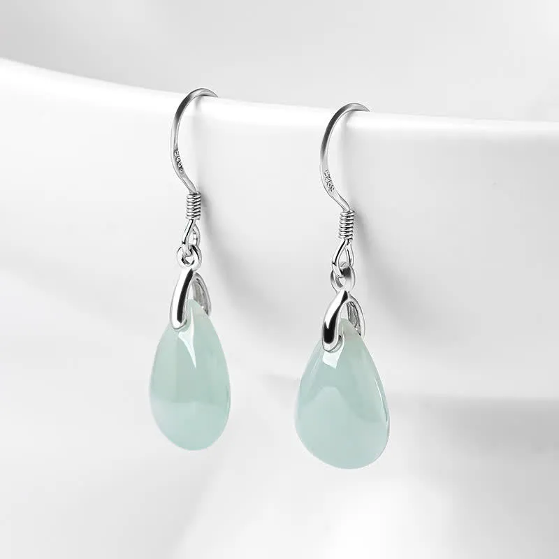925 Sterling Silver Jade Water Drop Pattern Earrings for Luck and Prosperity with Luck Muse Touch