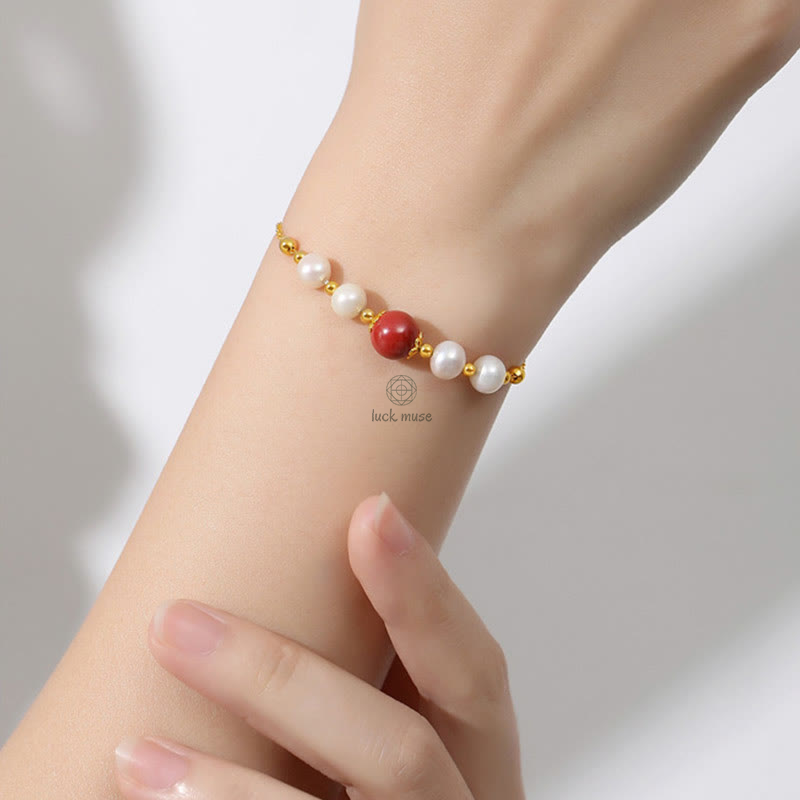 Luck Muse 925 Sterling Silver Pearl Cinnabar Healing Beaded Chain Bracelet - Image 7