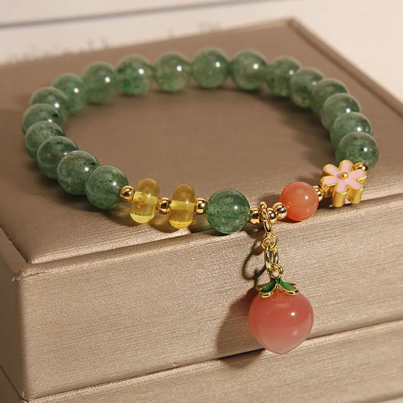 Natural Green Strawberry Quartz Love Peach Charm Bracelet by Luck Muse Shop - Image 2