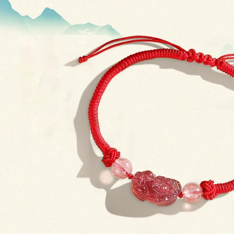 Handmade Silver Sheen Obsidian & Strawberry Quartz PiXiu Protection Bracelet - Image 10