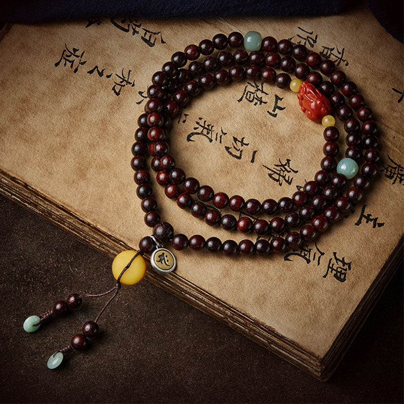 Natal Buddha Chinese Zodiac 108 Beads Red Sandalwood Red Agate Pixiu Protection Bracelet