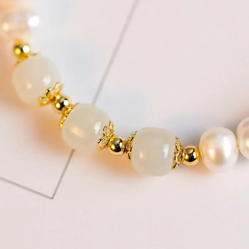 Luck Muse 14K Gold Plated Sincerity Bead Chain Bracelet with Natural Pearl, Hetian Cyan Jade, and White Jade - Image 16