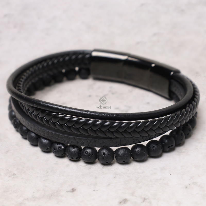 Natural Lava Rock Frosted Stone Bead Leather Bracelet with Black Onyx Accents - Image 3
