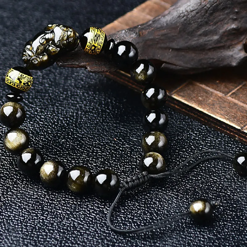 Natural Gold Sheen Obsidian PiXiu Wealth Bracelet with Om Mani Padme Hum - Image 8