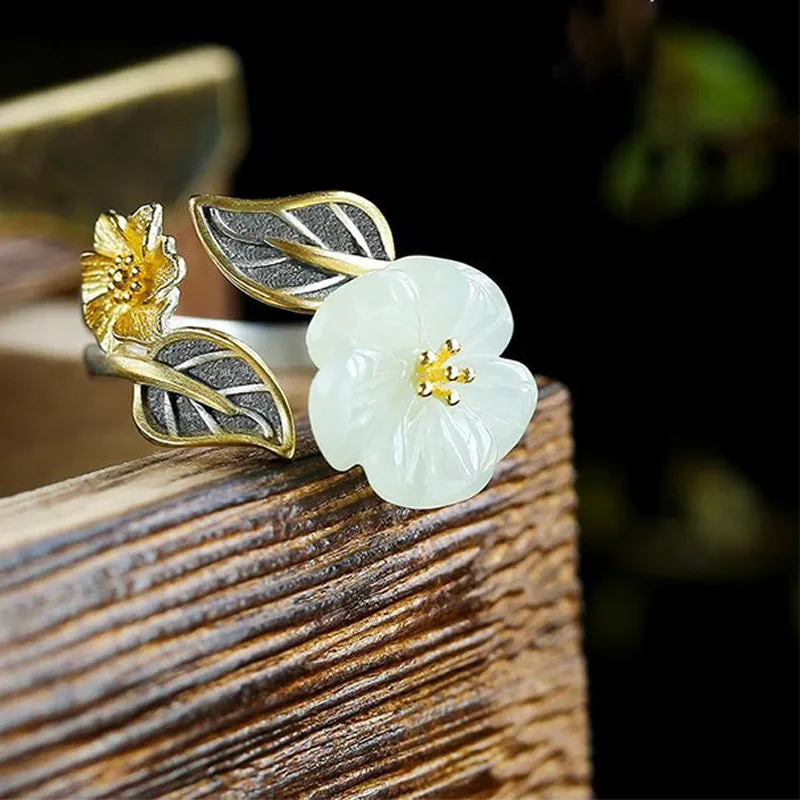 Luck Muse 925 Sterling Silver White Jade Plum Flower Leaf Luck Ring - Image 2