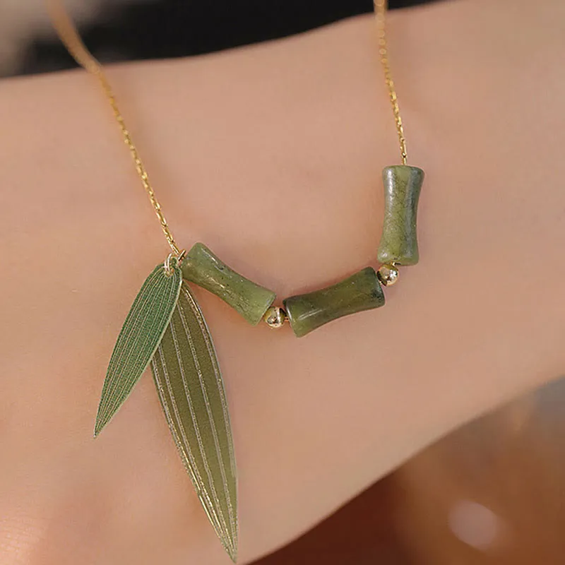 Bamboo Leaf Jade Luck Muse Wealth Necklace Pendant - Image 4