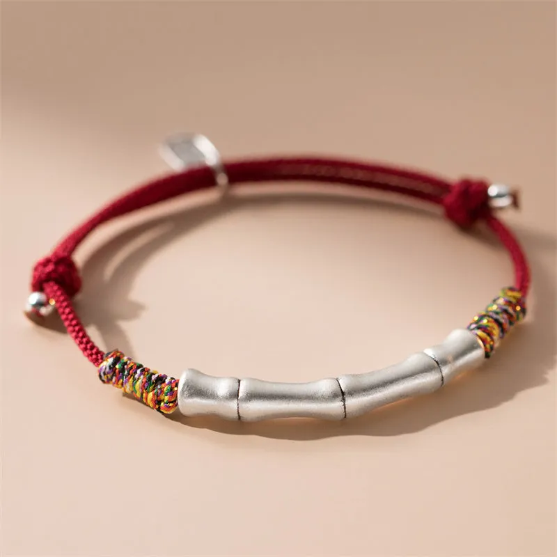 Luck Muse 999 Sterling Silver Lucky Bamboo Colorful Red Rope Bracelet - Image 2