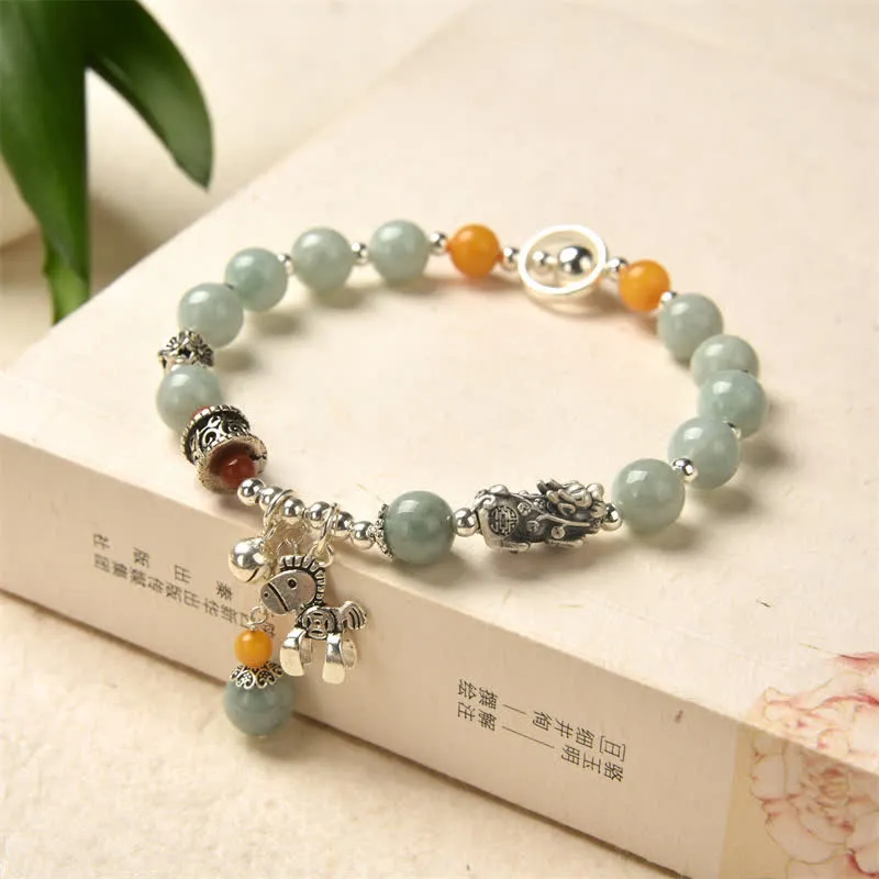 925 Sterling Silver Natural Jade Amber Pixiu Success Bracelet