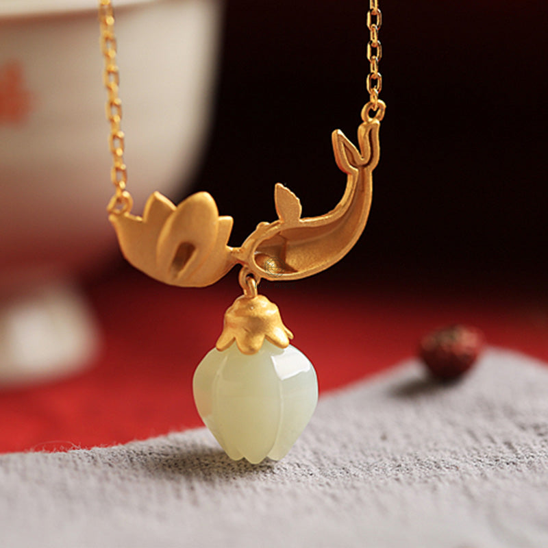 Luck Muse Shop 925 Sterling Silver White Jade Koi Fish Lotus Protection Necklace Pendant - Image 6
