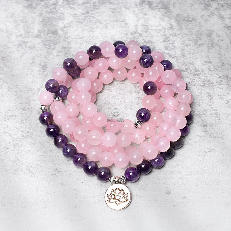 Luck Muse Shop Rose Quartz Amethyst Mala Bead Lotus Pendant Bracelet - Image 3