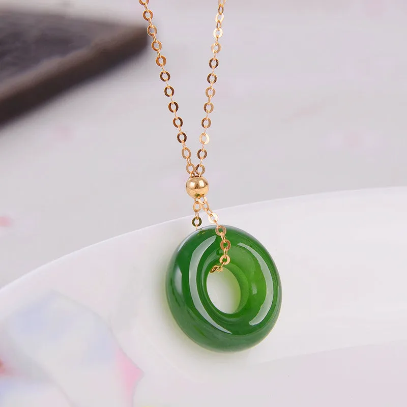 Luck Muse Shop Round Cyan Jade 14K Gold Healing Necklace Pendant - Image 2