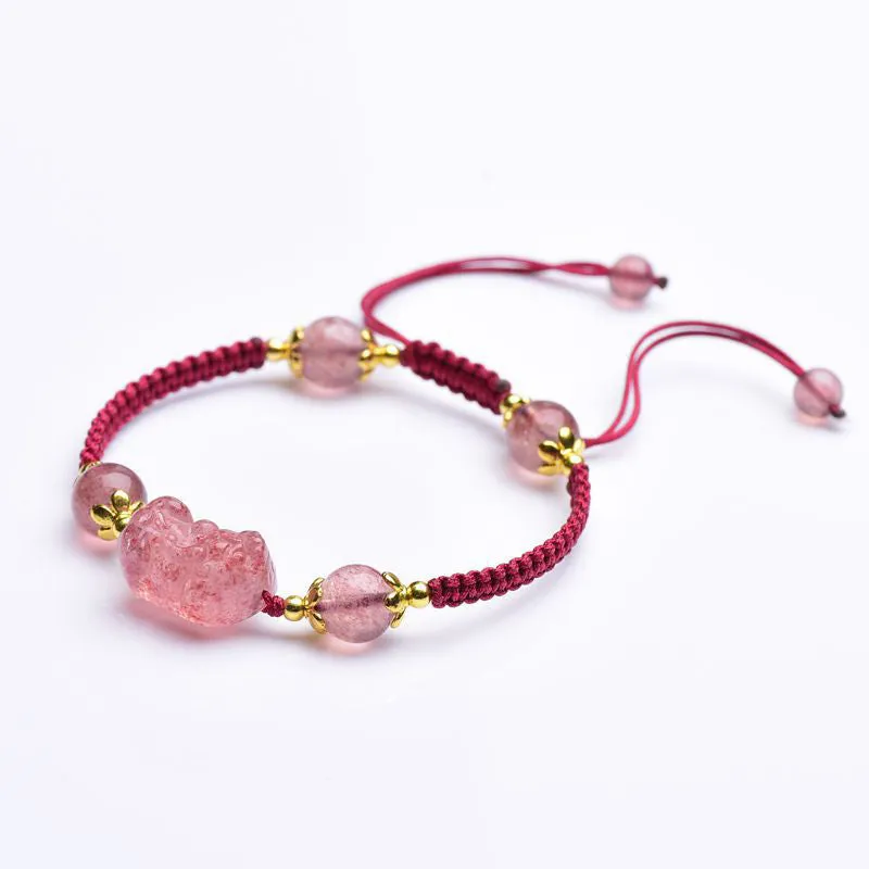 Natural Strawberry Crystal Pixiu Lucky Red String Bracelet - Image 4