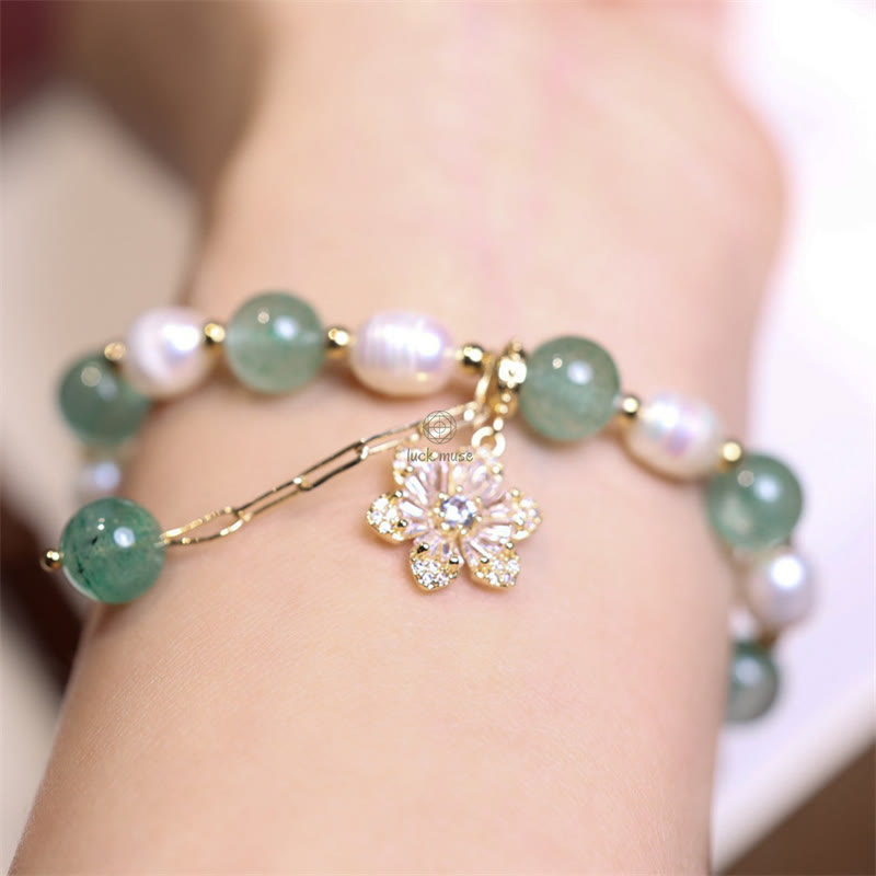 Natural Green Strawberry Quartz Pearl Flower Charm Bracelet - Image 6
