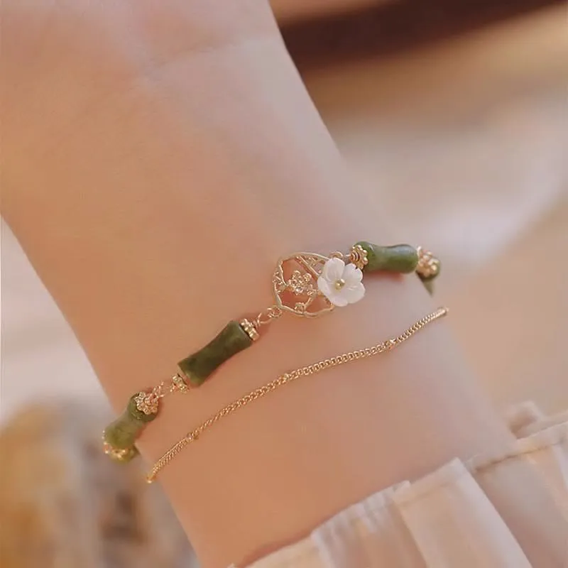 Luck Muse Double Layer Peridot Bamboo Flower Bracelet - 14k Gold Plated Copper, Symbolizing Wealth - Image 3