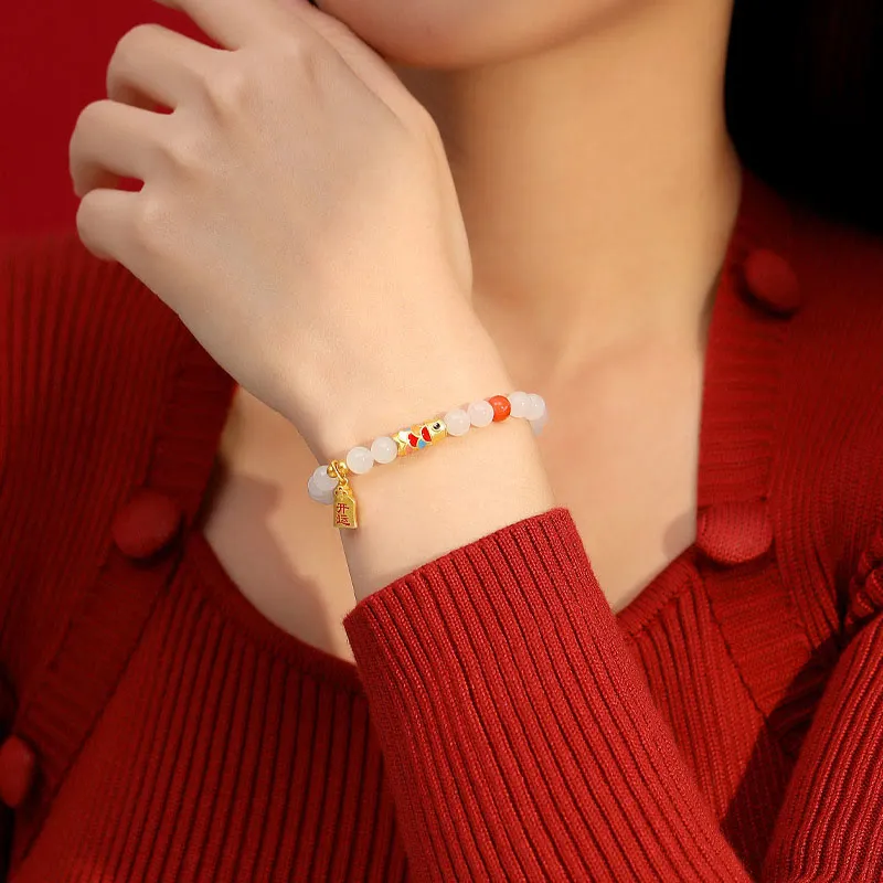 Hetian White Jade and Red Agate Koi Fish Luck Bracelet in 925 Sterling Silver - Image 3