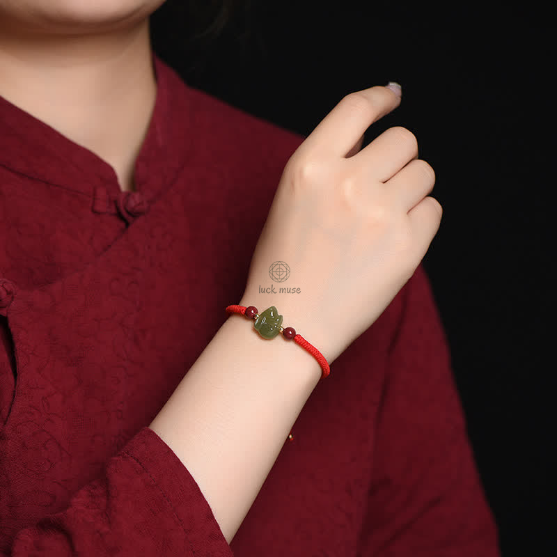 Year of the Rabbit Hetian Jade and Cinnabar Beaded Abundance Bracelet - Image 3