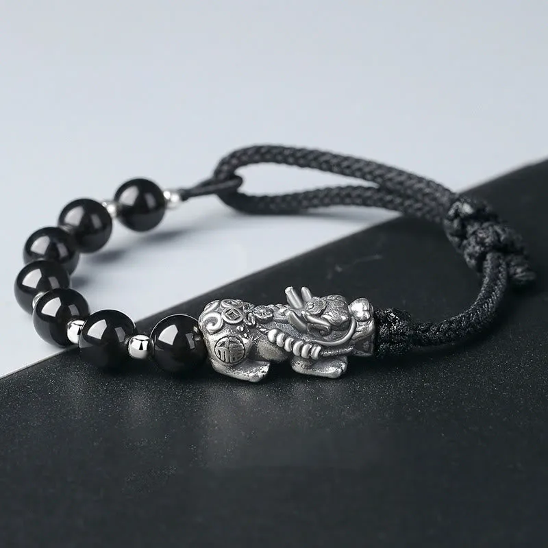 Luck Muse 999 Sterling Silver Feng Shui Pixiu Natural Black Obsidian Bracelet