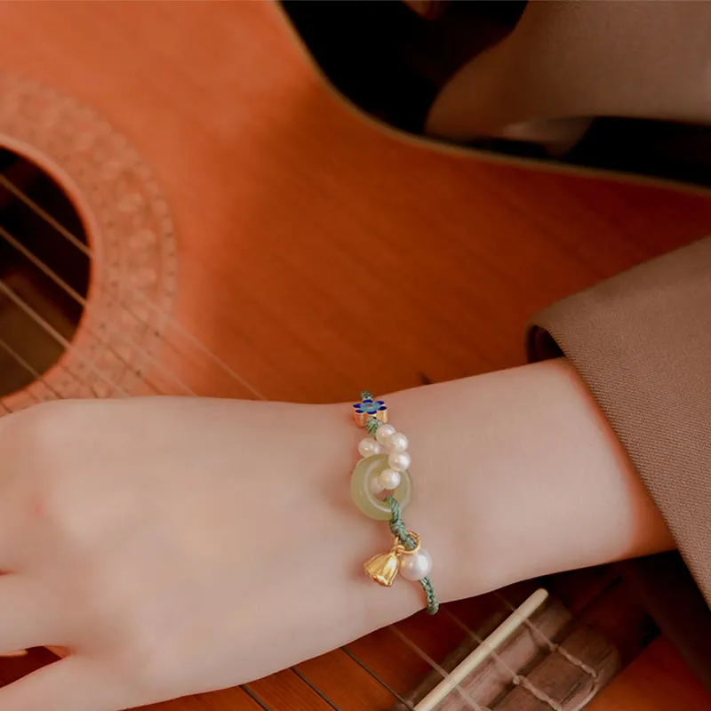 Handcrafted Hetian Jade Peace Buckle Bracelet with Natural Pearls for Luck - Image 11