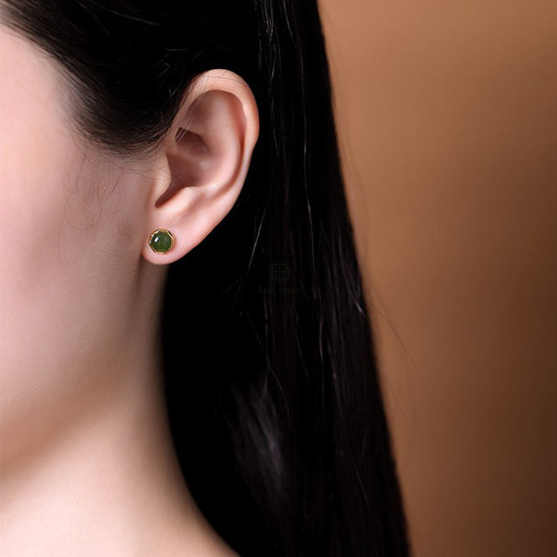 Luck Muse Gold-Plated Sterling Silver Hetian Cyan Jade Luck Stud Earrings - Image 7