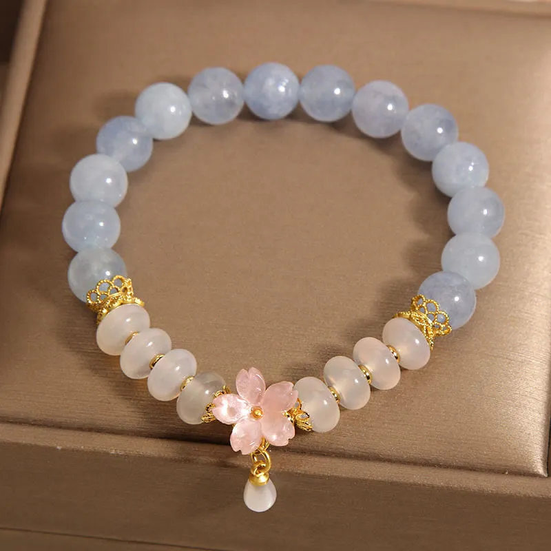 Aquamarine White Agate, Pearl and Abacus Beads Healing Bracelet with Luck Muse - Image 2