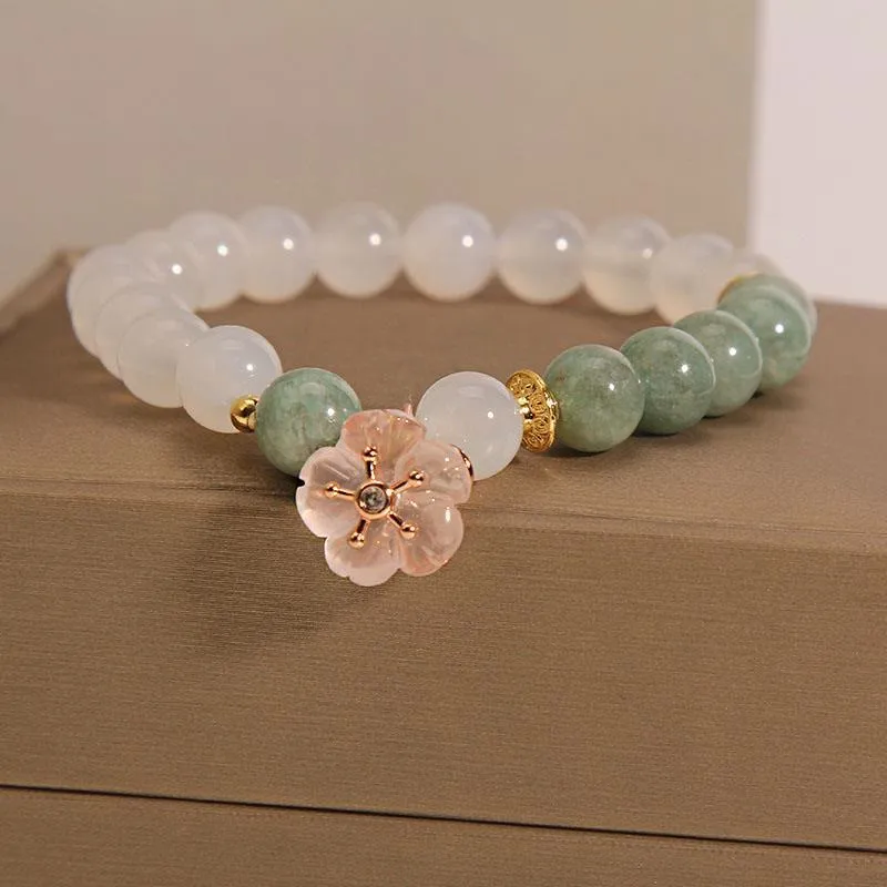 White Agate and Jade Flower Charm Bracelet for Luck and Protection