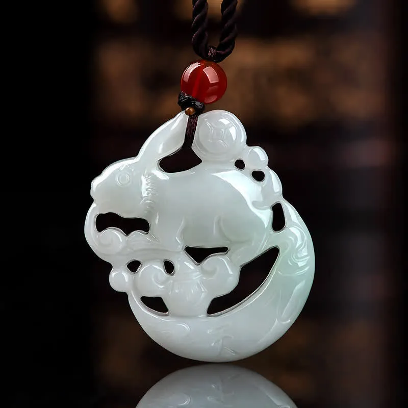 White Jade Crescent Moon Rabbit Year Protection Necklace by Luck Muse Shop - Image 2