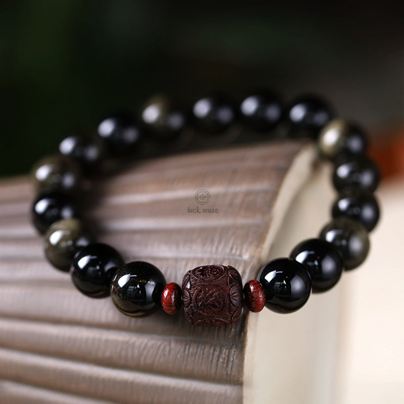 Natural Gold Sheen Obsidian Rainbow Obsidian Om Mani Padme Hum Healing Bracelet - Image 14