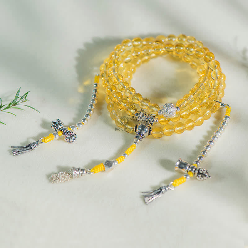 Luck Muse 108 Mala Beads Bracelet with 925 Sterling Silver, Natural Citrine, Red Agate, and White Jade Prosperity Charm - Image 22