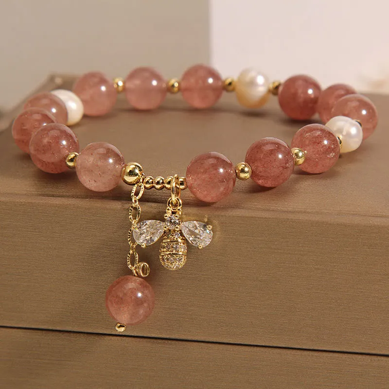 Strawberry Quartz Pearl Zircon Honeybee Charm Bracelet - Image 5