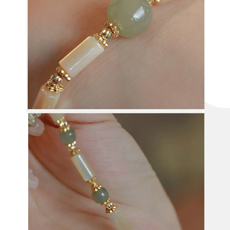 14K Gold Plated Tridacna Stone and Hetian Jade Bead Bracelet with Bamboo Pattern - Image 6