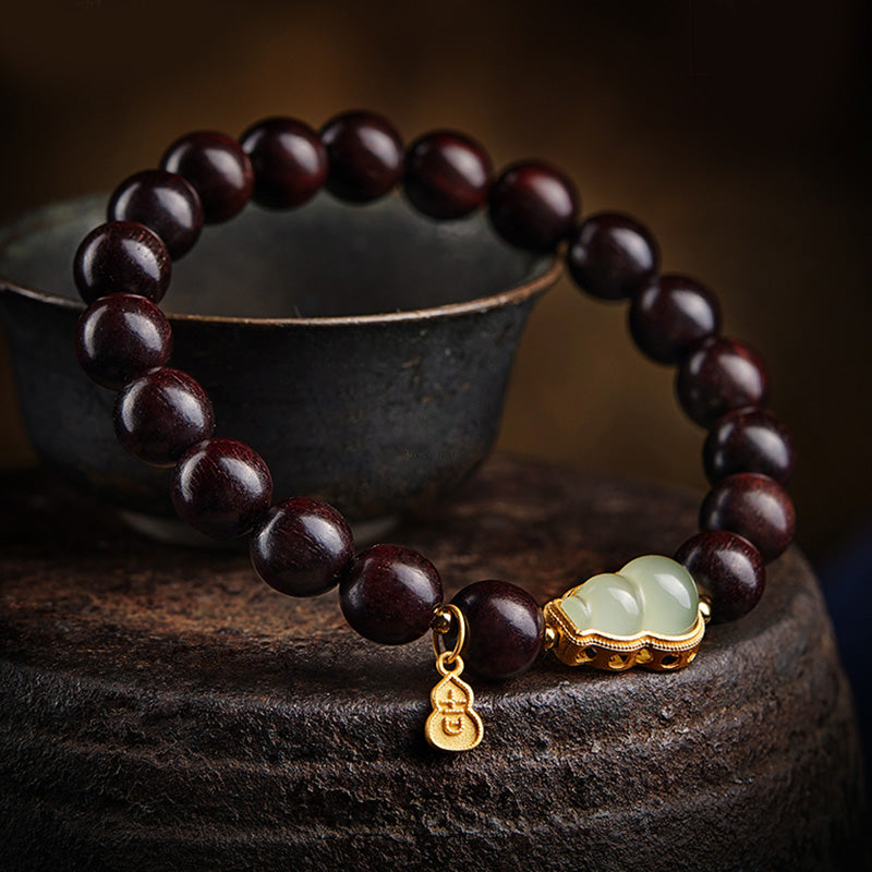 Luck Muse Small Leaf Red Sandalwood Gourd Jade Relaxation Bracelet - Image 19