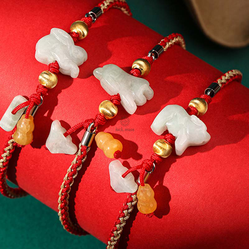 Luck Muse Chinese Zodiac Jade Prosperity Red String Bracelet - Image 2
