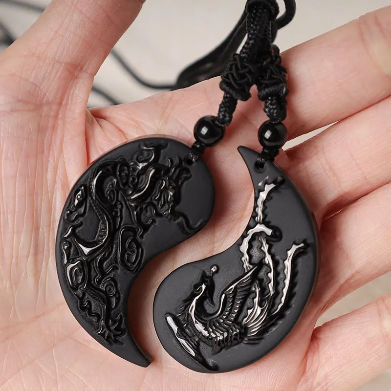 Black Obsidian Yin Yang Dragon Phoenix Lucky Necklace Pendant by Luck Muse Shop - Image 5