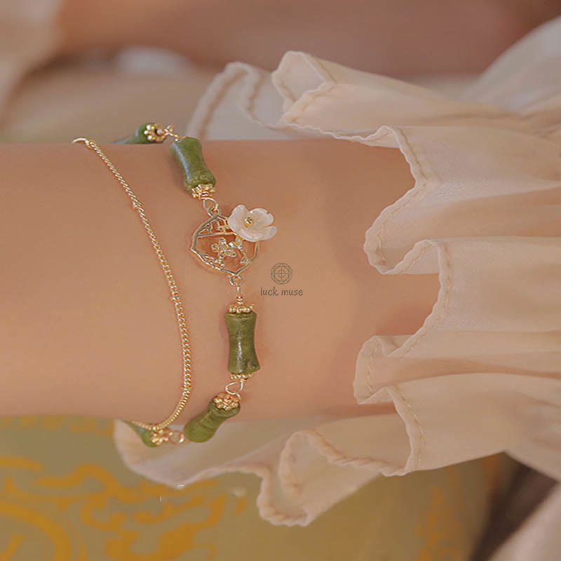Luck Muse Double Layer Peridot Bamboo Flower Bracelet - 14k Gold Plated Copper, Symbolizing Wealth - Image 7