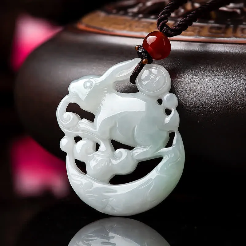 White Jade Crescent Moon Rabbit Year Protection Necklace by Luck Muse Shop