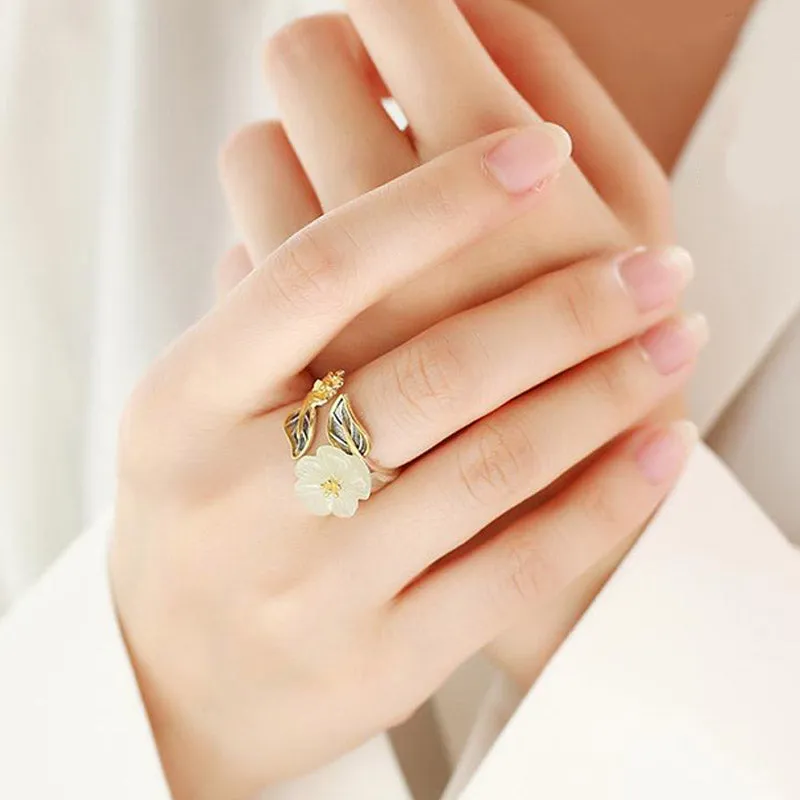 Luck Muse 925 Sterling Silver White Jade Plum Flower Leaf Luck Ring - Image 4