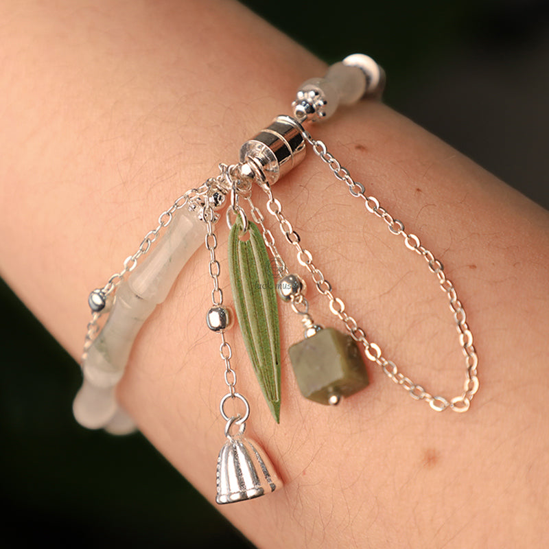 Bamboo Leaf Lantern Charm Happiness Bracelet with Natural White Jade in 925 Sterling Silver - Image 10