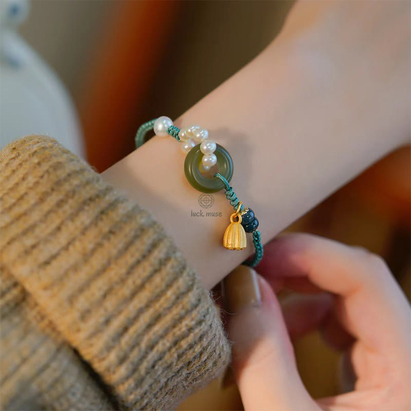 Handcrafted Hetian Jade Peace Buckle Bracelet with Natural Pearls for Luck - Image 6
