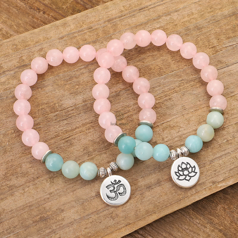 Natural Pink Crystal Amazonite Buddha Bracelet with Lotus and OM Symbol - Image 2