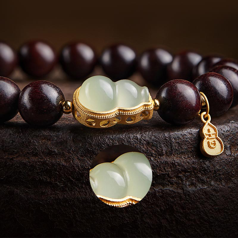 Luck Muse Small Leaf Red Sandalwood Gourd Jade Relaxation Bracelet - Image 16