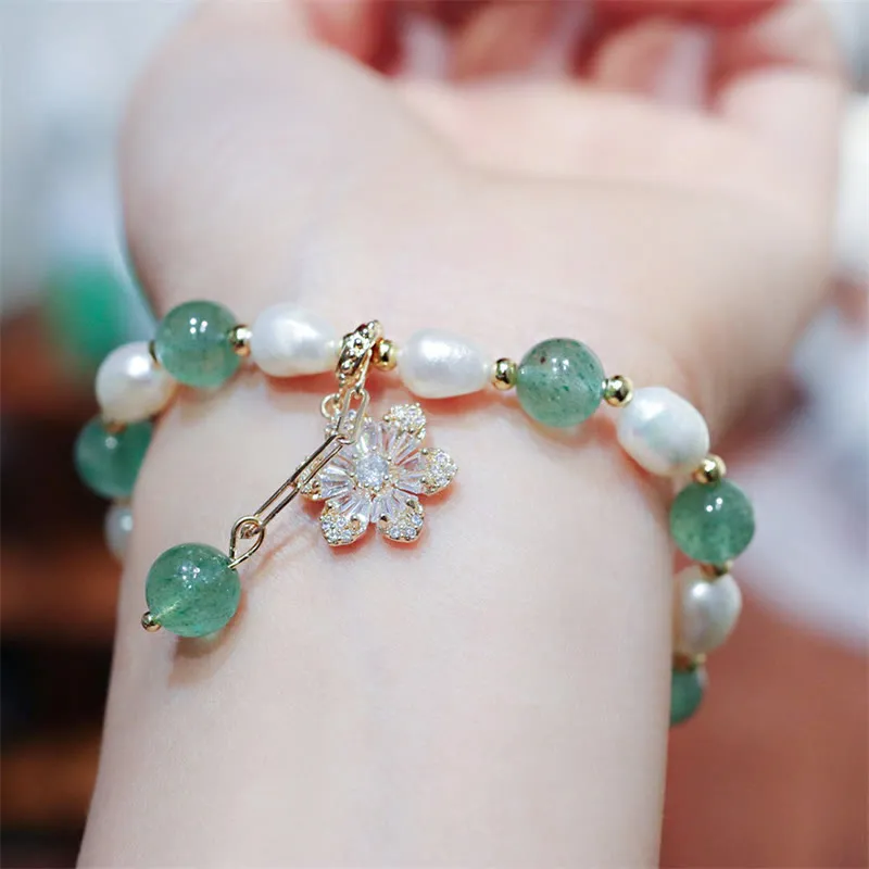 Natural Green Strawberry Quartz Pearl Flower Charm Bracelet - Image 3